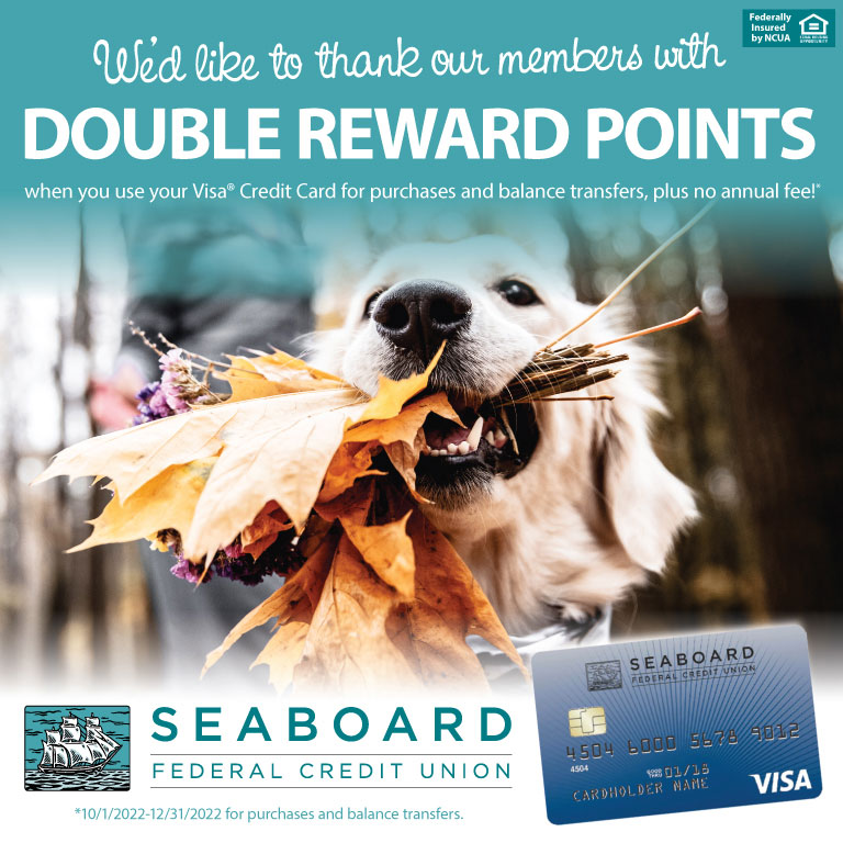 We'd like to thank our members with double reward points on VISA Credit Card purchases and balance transfers made between 10/1/2022 and 12/31/2022.